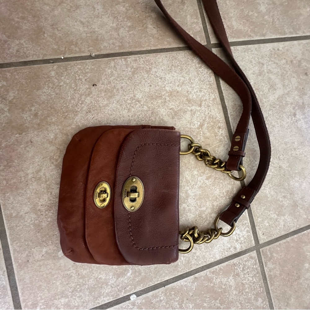 Fossil Brown Leather Crossbody Bag with Gold Accents